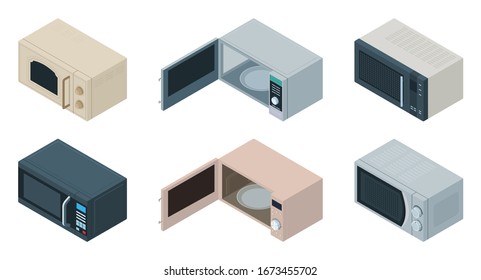 Icono de conjunto isométrico vectorial de microondas. Horno de cocina de ilustración vectorial sobre fondo blanco. Icono de conjunto isométrico aislado microondas.