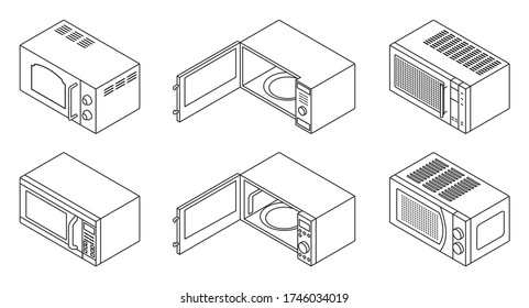 Icono de conjunto de líneas vectoriales de microondas. Horno de cocina de ilustración vectorial sobre fondo blanco. Icono de juego de línea aislado microondas.