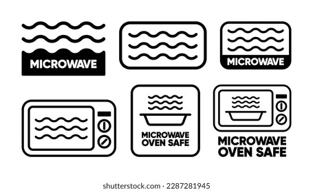 Microwaves flat linear icons. Labels for the safety of using cookware in a microwave oven. Safe microwave cooking. Vector illustration.