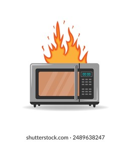 Microwave's on fire. The flames in the kitchen. Problem with household appliances. Repair and breakdown of the device trouble cooking. Dangerous fire situation. 