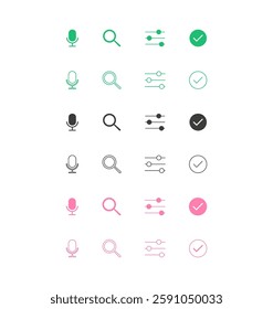 mic,search,change,right icon set in three colours in vector eps 10.