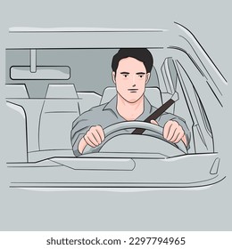 Mid erwachsener Mann lächelt beim Autofahren. Fröhlicher Mann fühlt sich wohl, als er in seinem neuen Auto auf dem Fahrersitz sitzt. Lächelnder reifer Geschäftsmann mit Sicherheitsgurt am Steuer.