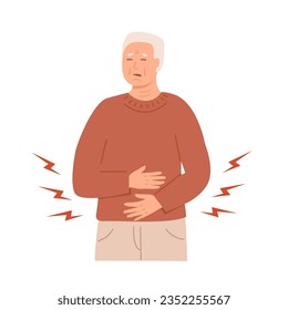 Mid age man having an abdominal pain. Sick old senior citizen feeling unwell and holds his stomach. Stomachache. Elder patient, elderly care. Vector flat illustration isolated in white.