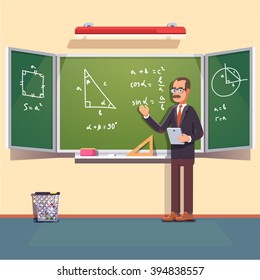 Mid age teacher with glasses and mustache giving a trigonometry lecture on a chalkboard. Flat style color modern vector illustration.