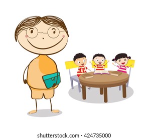 Mid age teacher man in a class of kids sitting at the school desk.