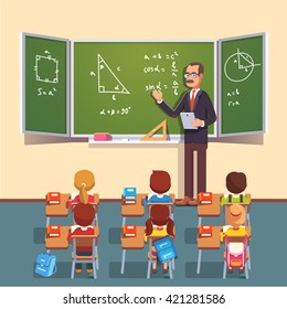 Mid age teacher man in glasses giving a trigonometry lecture on a chalkboard to a class of kids sitting at the school desks. Flat style color modern vector illustration.