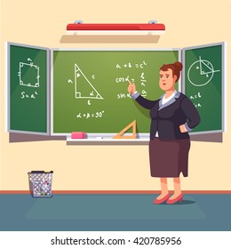 Mid age teacher woman giving a trigonometry lecture on a class chalkboard. Flat style color modern vector illustration.