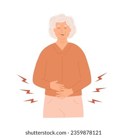 Mid age woman having an abdominal pain. Sick old lady. Senior citizen feeling unwell and holds her stomach. Stomachache, gynecological problem. Elderly patient, elderly care. Vector flat illustration.