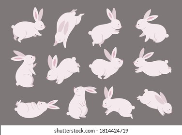 Mid autumn bunny. Chinese festival, rabbit modern character set. Asian funny flat holiday animals, oriental moon fest vector illustration