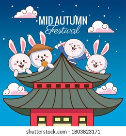 mid autumn celebration card with little rabbits in castle vector illustration design