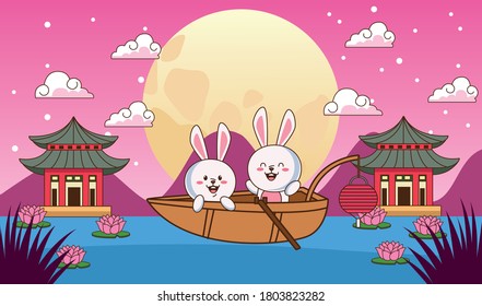 mid autumn celebration card with little rabbits couple in boat floating in the lake vector illustration design