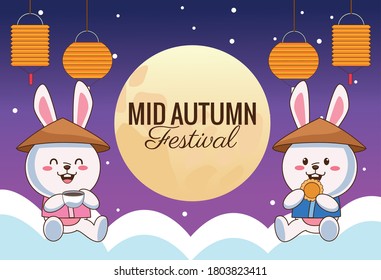 mid autumn celebration card with little rabbits couple with lanterns in clouds vector illustration design