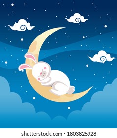 mid autumn celebration card with rabbit sleeping in crescent moon scene vector illustration design