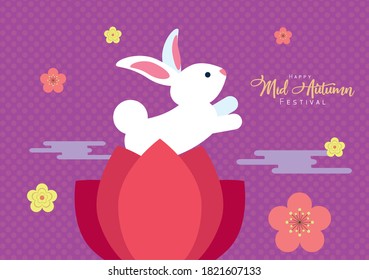 mid autumn celebration card with rabbit jumping vector illustration design