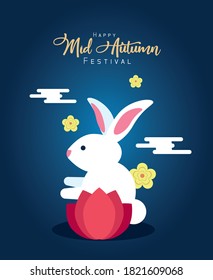 mid autumn celebration card with rabbit and flower vector illustration design