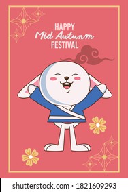 mid autumn celebration card with rabbit celebrating and lettering vector illustration design