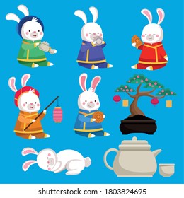 mid autumn celebration card with rabbits and bonsai icons vector illustration design