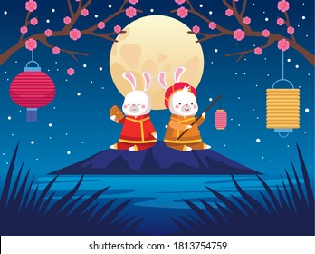 mid autumn celebration card with rabbits couple and fullmoon scene vector illustration design