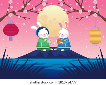 mid autumn celebration card with rabbits couple and fullmoon vector illustration design