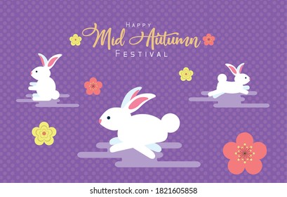 mid autumn celebration card with rabbits and flowers vector illustration design