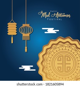 mid autumn celebration card with rabbits couple in boat vector illustration design