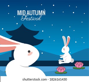 mid autumn celebration card with rabbits couple inlake scene vector illustration design