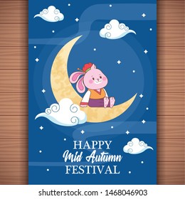 mid autumn chinese festival cute rabbit sitting in half moon, card with chinese translate cartoon vector illustration graphic design