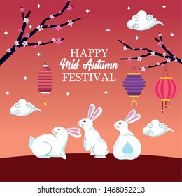 mid autumn chinese festival cute rabbits with oriental lanterns and chinese translate card cartoon vector illustration graphic design