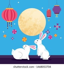 mid autumn chinese festival cute rabbits with oriental lanterns and flowers under full moon cartoon vector illustration graphic design