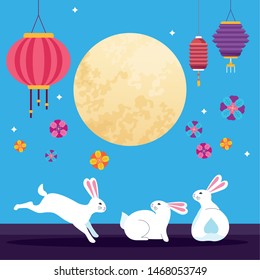 mid autumn chinese festival cute rabbits with oriental lanterns and flowers under full moon cartoon vector illustration graphic design