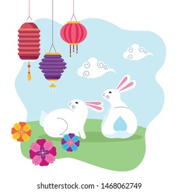 mid autumn chinese festival cute rabbits with oriental lanterns and flowers, outdoor scene cartoon vector illustration graphic design