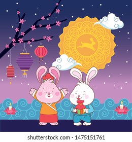mid autumn chinese festival happy rabbits couple with oriental lanterns and mooncake at night cartoon vector illustration graphic design