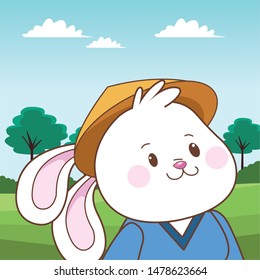 Mid autumn cute male rabbit seated with chinese clothes cartoon in the forest, landscape background ,vector illustration graphic design.