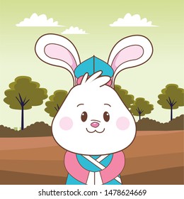 Mid autumn cute rabbit with chinese ethnic clothes cartoon in the forest, landscape background ,vector illustration graphic design.