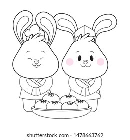 Mid autumn cute rabbit with food on isometric mooncake ,vector illustration graphic design.