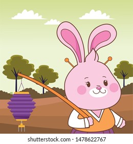 Mid autumn cute rabbit holding paper lantern cartoon in the forest, landscape background ,vector illustration graphic design.