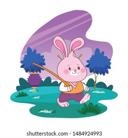 Mid autumn cute rabbit holding paper lantern cartoon in the forest, landscape background vector illustration graphic design.