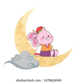 Mid autumn cute rabbit seated on moon with cloud ,vector illustration graphic design.