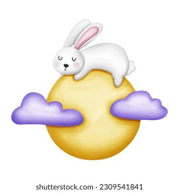Mid autumn elements. Rabbit and moon cake. Watercolor painting illustration vector design.