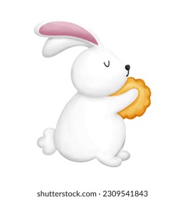 Mid autumn elements. Rabbit and moon cake. Watercolor painting illustration vector design.