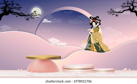 Mid Autumn with fairy Chang'e,The Chinese Goddess of the Moon with rabbit jade,Vector 3D Podium in pink gold Cylinder Stand on marble floor.Background banner for traditional celebration in East Asian