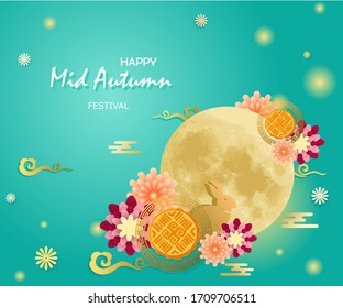 Mid Autumn Festival of Asian style for greeting card. Light green and gold color concept with moon cake, fower, full moon, cloud and light. Invitation template, banner, card, postcard.