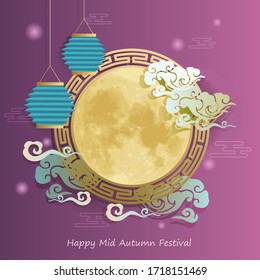 Mid Autumn Festival of Asian style for greeting card. Light lantern, full moon, mooncake and clould white, blue golden color concept on purple background for template, banner, card, postcard.