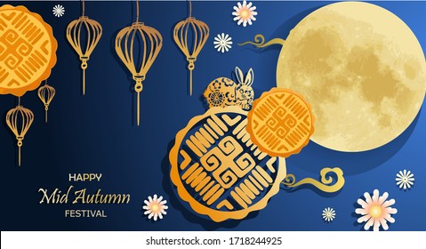 Mid Autumn Festival of Asian style for template with full moon, lantern, moon cake, flower, rabbit and clould white and gold color concept for greeting card, banner, postcard, wallpaper.