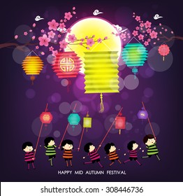 Mid Autumn Festival background with happy kids playing lanterns