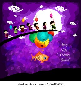 Mid Autumn Festival background with kids and rabbit playing lanterns