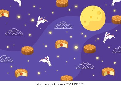 Mid autumn festival background. Moon cake, white rabbit and bright stars on night blue background. NOT Seamless pattern. Flat vector illustration.