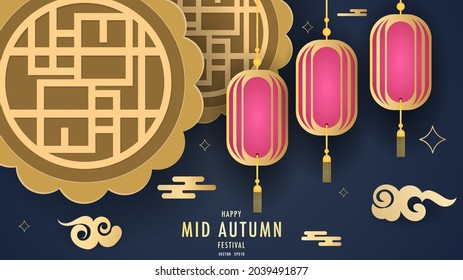 Mid Autumn festival background, pink lanterns and golden clouds and mooncakes  , on blue background, Flat Modern design , illustration Vector EPS 10