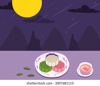 mid autumn festival background. Plate of mooncake and tea under the moonlight.Full moon night vector illustration. Moon festival website backdrop.