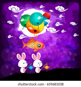 Mid Autumn Festival background with rabbit playing lanterns
